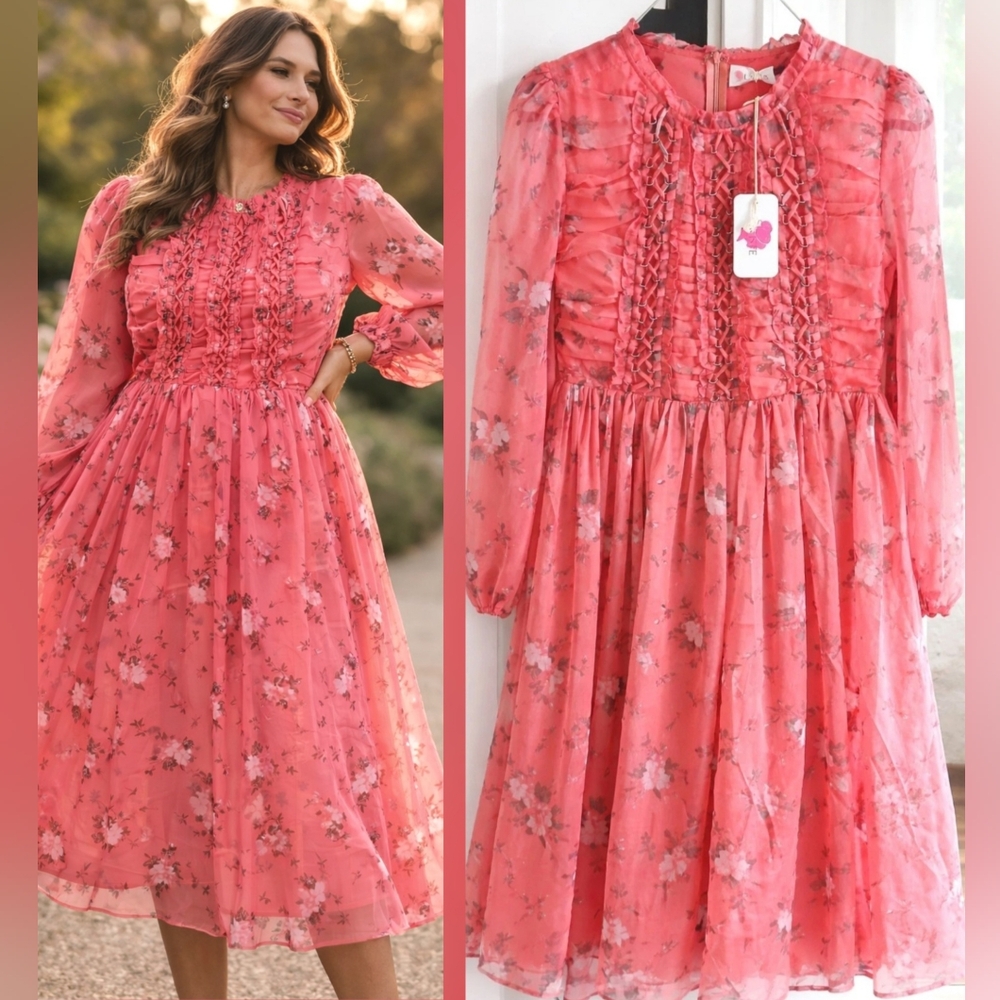 NEW L’Atiste PINK Floral Chiffon BOHO Midi EASTER DRESS Cottagecore Size L NWT